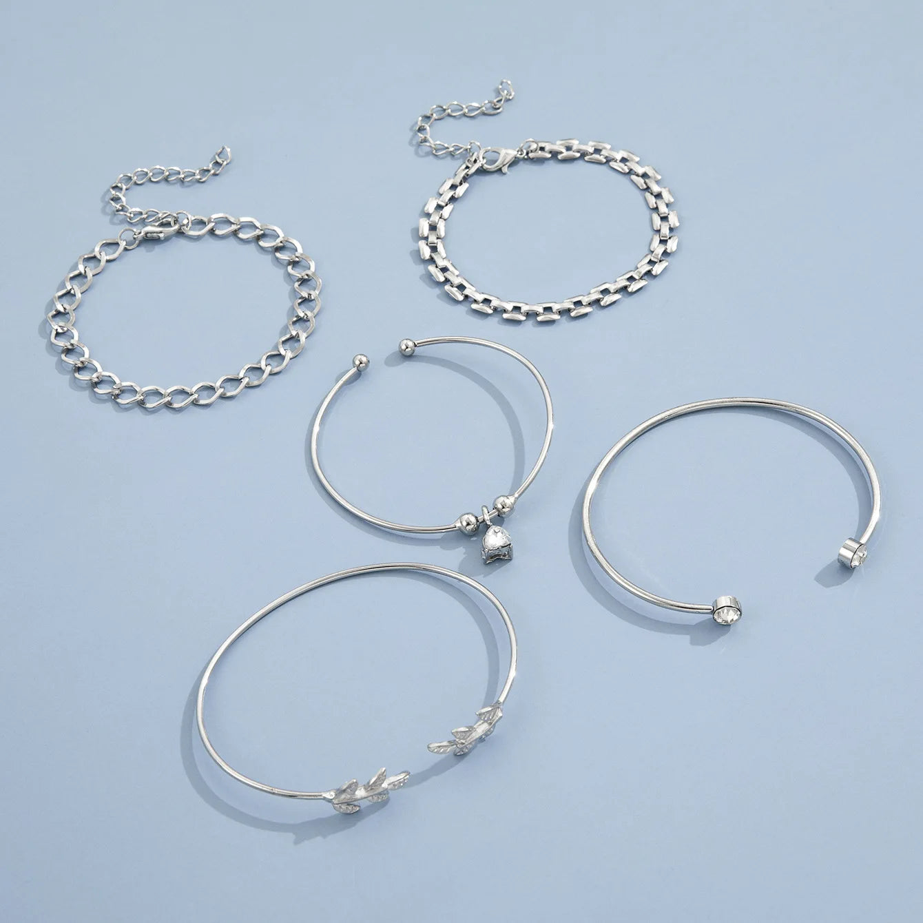 Silver Color Geometric Link Chain Bracelet Set