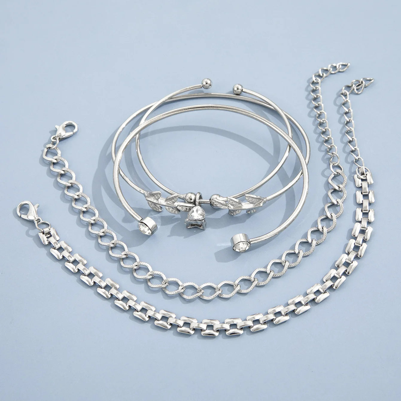 Silver Color Geometric Link Chain Bracelet Set