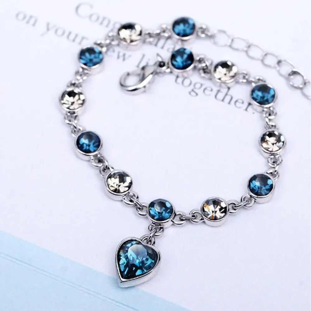 Blue Crystal Heart Charm Bracelet