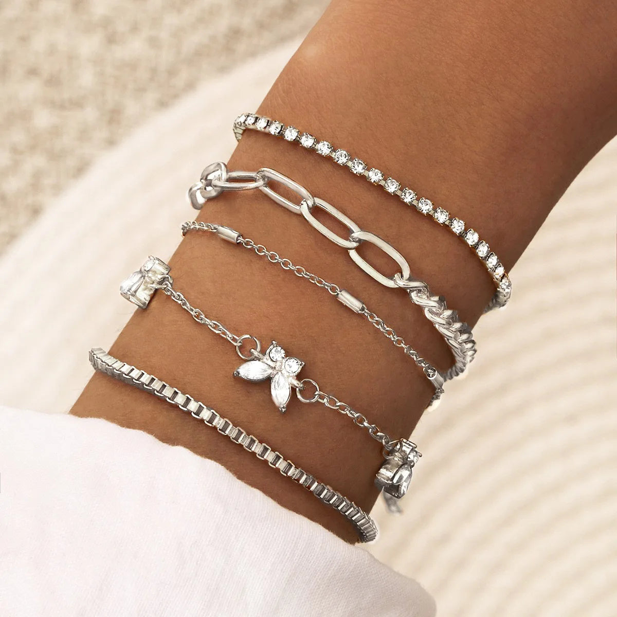 Silver Color Geometric Link Chain Bracelet Set