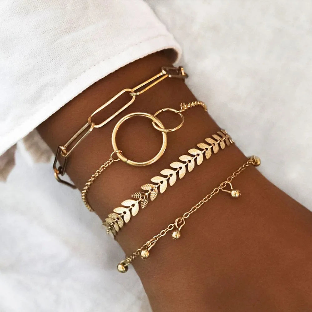 Gold Color Leaves Bracelet Set