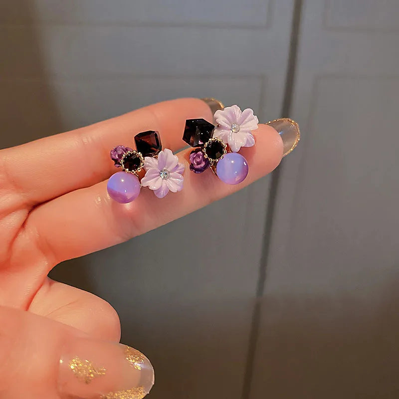 Purple Crystal Flower Earrings