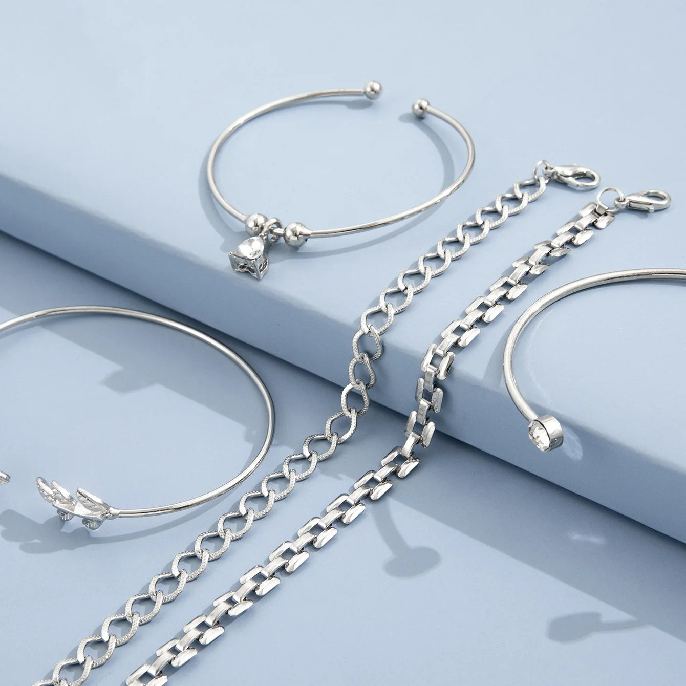 Silver Color Geometric Link Chain Bracelet Set