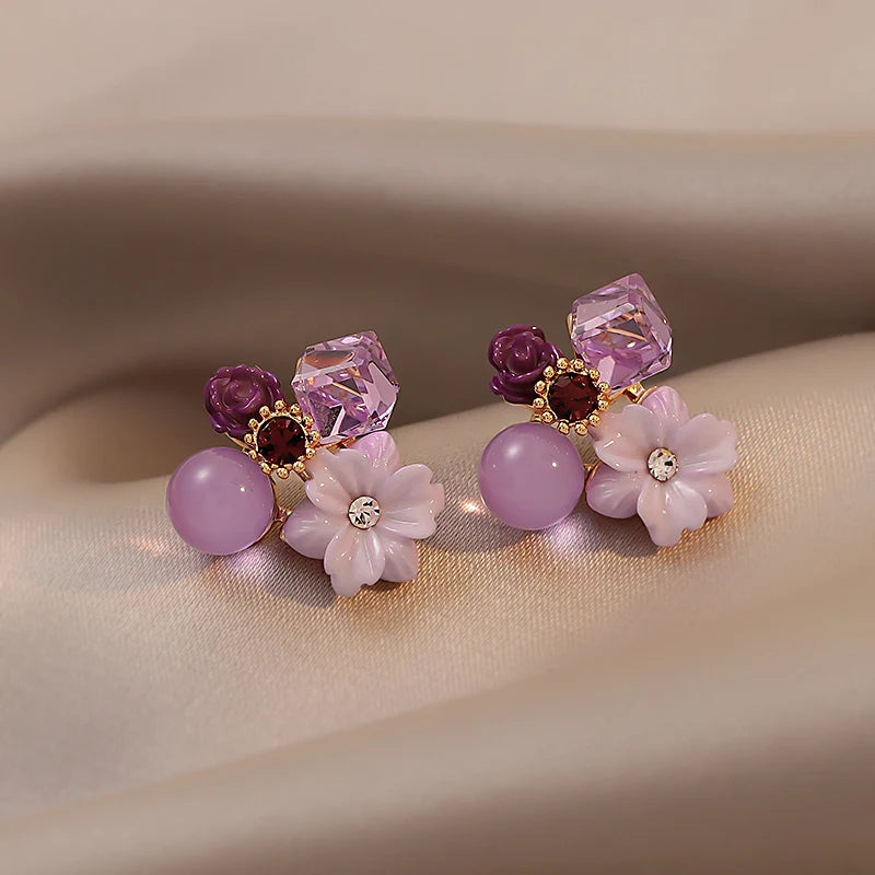 Purple Crystal Flower Earrings