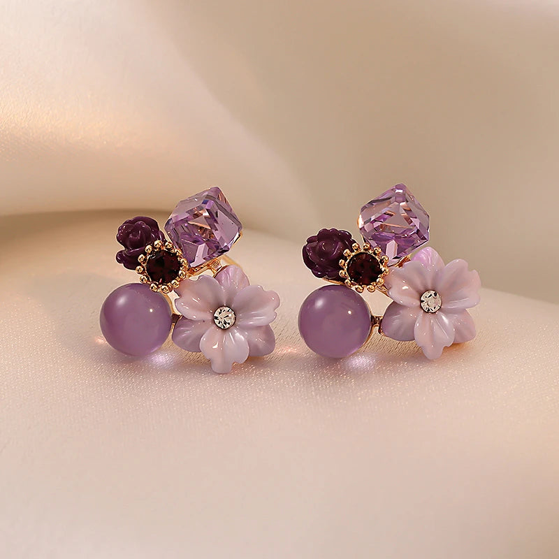 Purple Crystal Flower Earrings