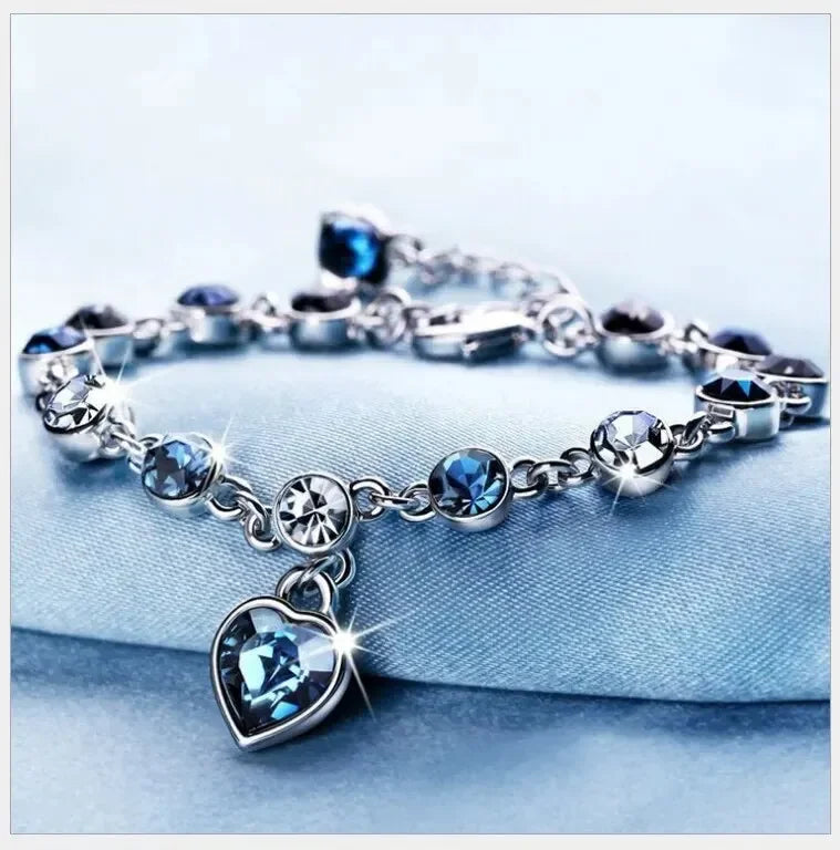 Blue Crystal Heart Charm Bracelet