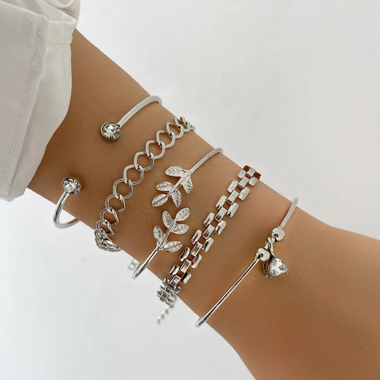 Silver Color Geometric Link Chain Bracelet Set