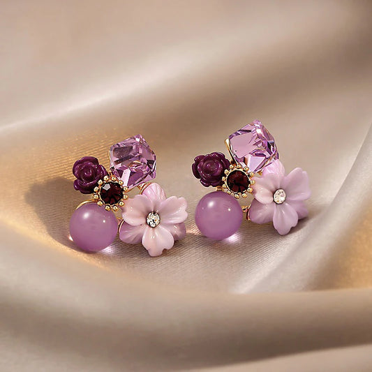 Purple Crystal Flower Earrings